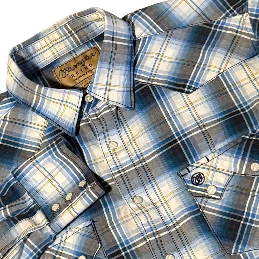Wrangler Retro Western Shirt Mens Large Blue Plaid Pearl Snap MVR457M